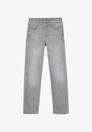 Jean en denim gris avec une coupe droite, un design à cinq poches et un effet de délavage subtil. Doté d'une fermeture par bouton et zip à l'avant.