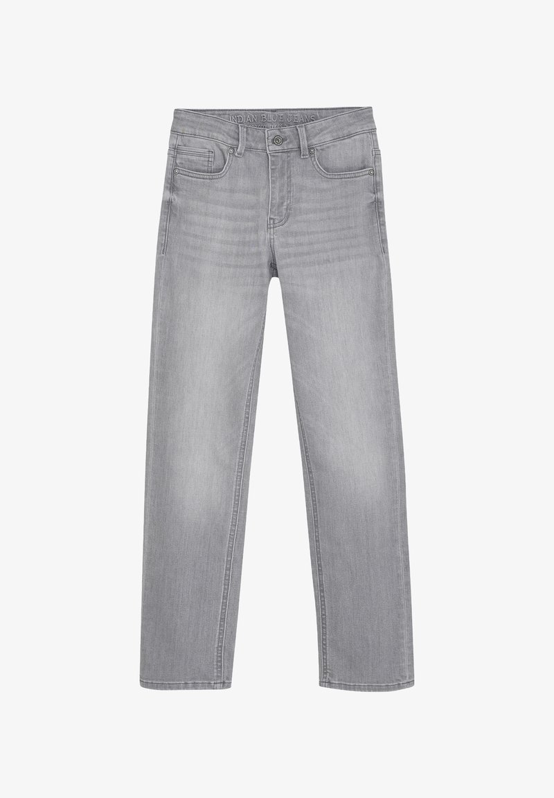 Grå denimjeans med rak passform, femficksdesign och subtil tvättningseffekt. Har en knapp- och dragkedjestängning fram.