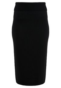 Jupe crayon en tricot noir avec une taille côtelée, au design ajusté et à la texture lisse. Sa longueur atteint le mollet, style minimaliste.