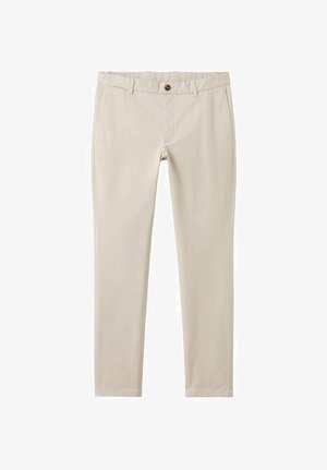 Vaaleanbeiget housut, jotka on valmistettu sileästä kankaasta, ja joissa on suora lahjemalli, etutaskut, yksittäinen napin suljenta ja siisti helma.