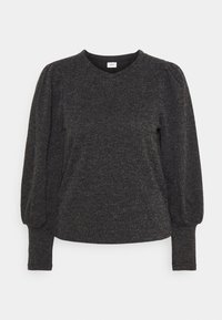 Pull-over en tricot gris foncé avec des manches bouffantes, texture côtelée et col rond. Fabriqué en tissu doux et flexible.