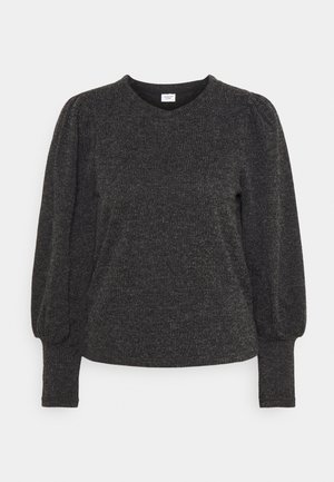 Pull-over en tricot gris foncé avec des manches bouffantes, texture côtelée et col rond. Fabriqué en tissu doux et flexible.