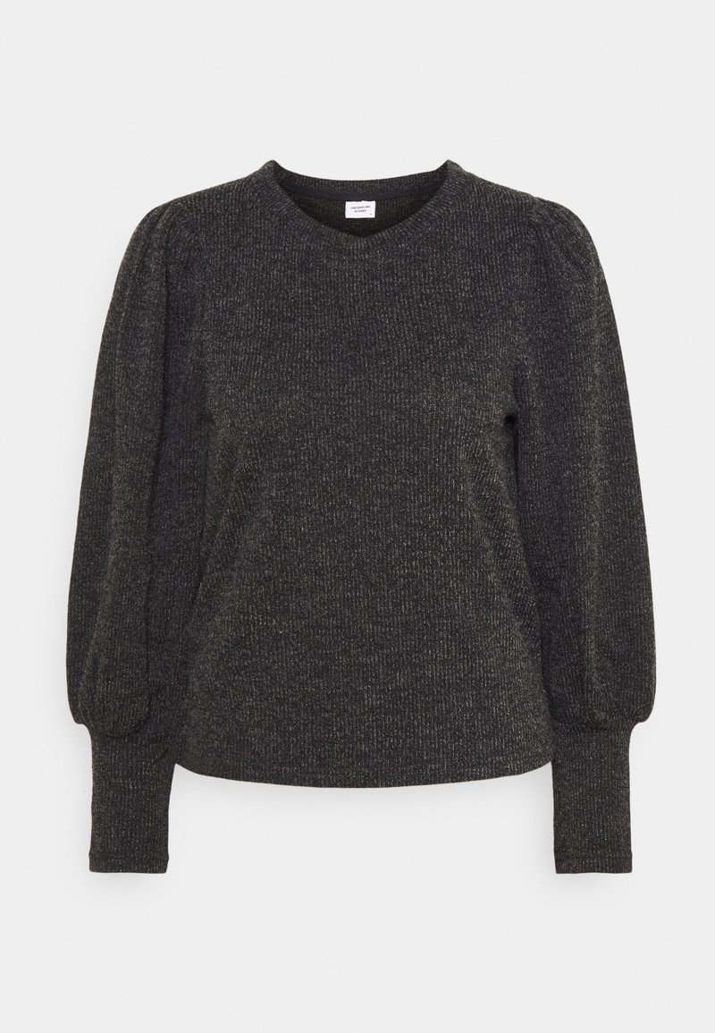 Pull-over en tricot gris foncé avec des manches bouffantes, texture côtelée et col rond. Fabriqué en tissu doux et flexible.