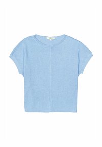 Hellblaues kurzärmliges Strickoberteil mit Rundhalsausschnitt und subtilen Nahtdetails. Weiche Textur und lässige Passform.