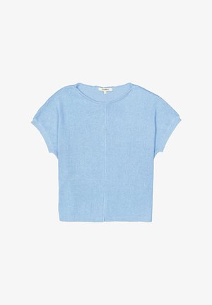 Hellblaues kurzärmliges Strickoberteil mit Rundhalsausschnitt und subtilen Nahtdetails. Weiche Textur und lässige Passform.