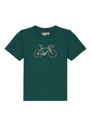 Türkises T-Shirt mit kurzen Ärmeln, das ein weißes Fahrradsymbol mit braunen Akzenten, detaillierten Reifen und Lenker zeigt. Aus weichem Baumwollmaterial.