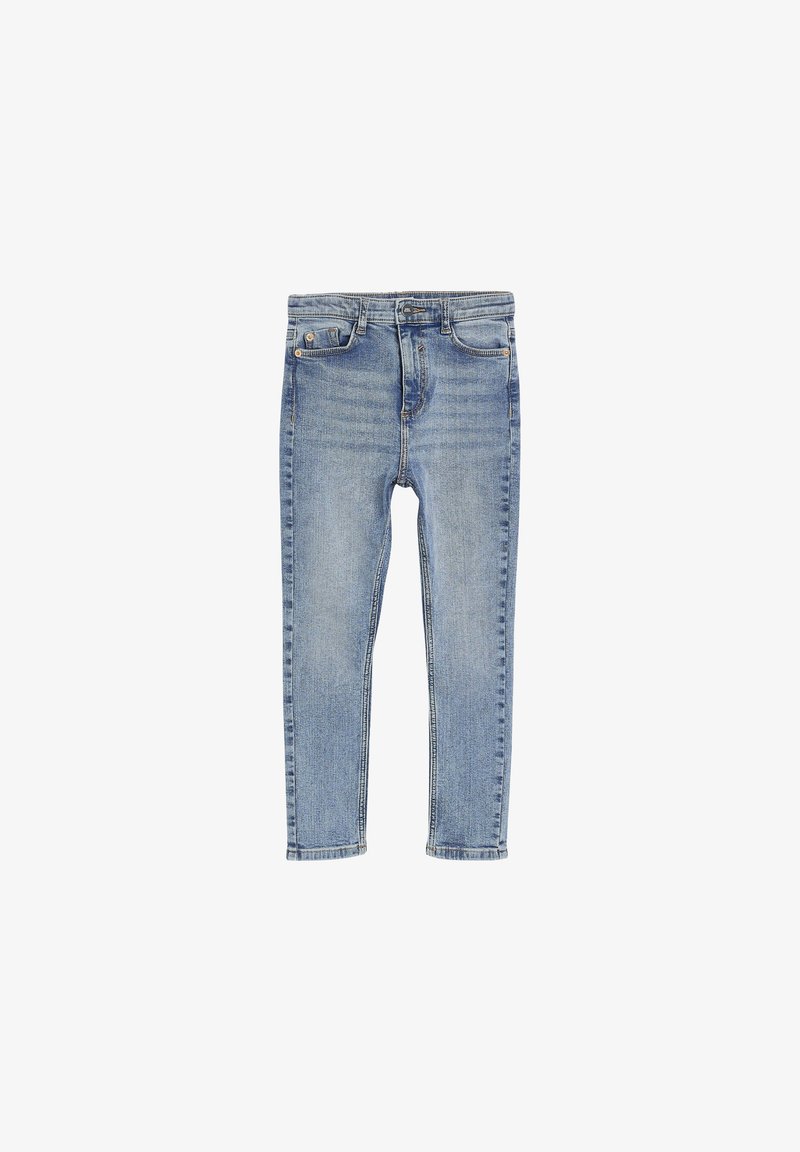 Jean denim slim bleu clair avec cinq poches et fermeture à boutons, présenté à plat sur un fond blanc uni.
