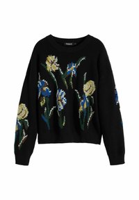 Black knitted sweater featuring colorful floral embroidery in yellow, blue, and green. Loose fit with a wide crew neckline and ribbed cuffs.