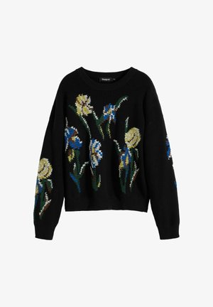 Schwarzer gestrickter Pullover mit buntem Blumenstickerei in Gelb, Blau und Grün. Lockere Passform mit weitem Rundhalsausschnitt und gerippten Bündchen.