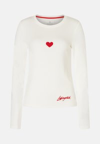 Weißes Langarmshirt mit rotem gesticktem Herzen in der Mitte und rotem "Lieblingsstück"-Text nahe dem unteren Saum.