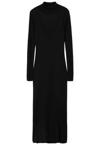 Robe noire à manches longues avec un design ajusté, col roulé et dos en V. Fabriquée en tissu texturé, avec une fente sur le côté.