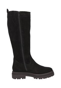 Zwarte nubuck kniehoge laars met zijrits, dikke profielzool en trekhaak aan de achterkant, ontworpen voor casual of buitengebruik.