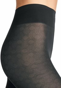 Leggings neri con texture e vita alta, caratterizzati da un motivo a diamante tessuto nel materiale, morbido e elasticizzato.