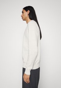 Maglione a maglia grigio chiaro con scollo rotondo, maniche lunghe e polsini e orlo a coste. Tessuto morbido, silhouette aderente, indossato con pantaloni scuri.