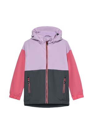 Windbreaker-Jacke mit einer hellvioletten Kapuze und Oberkörper, dunkelgrauem Unterkörper und pinkfarbenen Ärmeln mit verstellbaren Manschetten und Reißverschlüssen.
