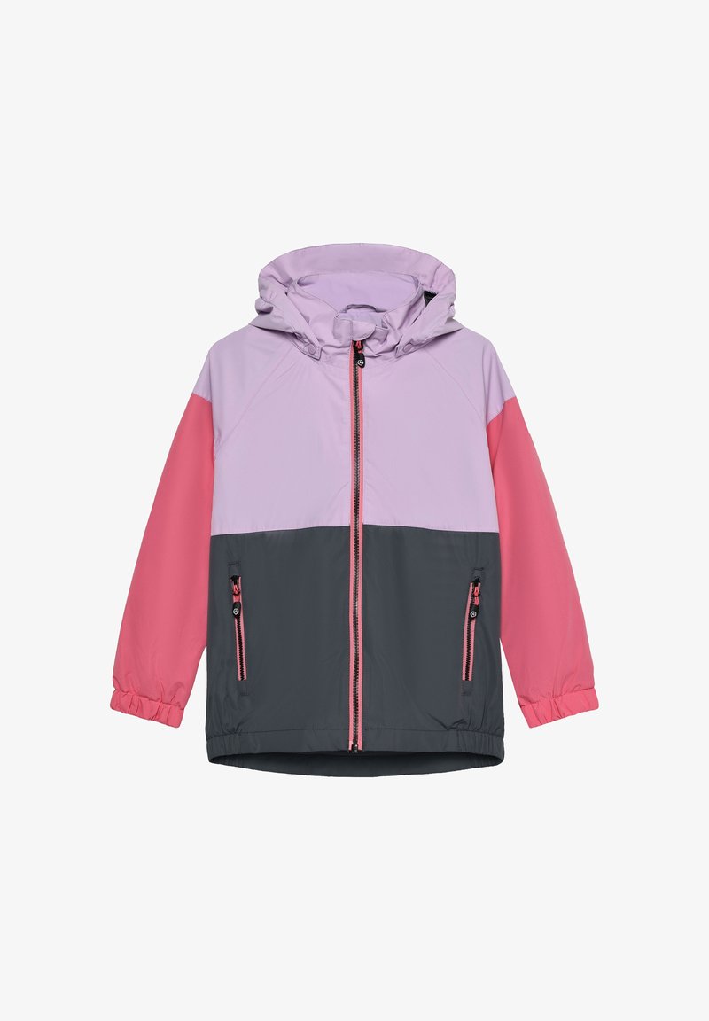 Veste coupe-vent avec une capuche et un haut du corps violet clair, un bas du corps gris foncé, et des manches roses équipées de poignets ajustables et de fermetures éclair.