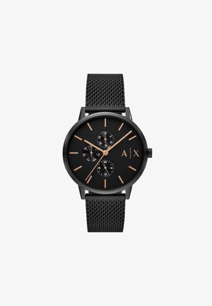 Schwarze Mesh-Uhr mit schwarzem Ziffernblatt, roségoldenen Akzenten, drei Unterzifferblättern und minimalistischen Stundenmarkierungen. Glattes, elegantes Design.