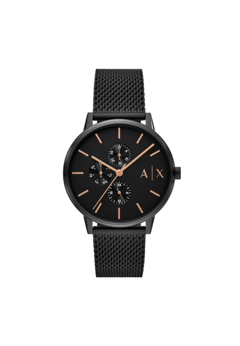 Montre avec un bracelet en maille noir, affichant un cadran noir, des accents en or rose, trois sous-cadrans et des index d'heure minimalistes. Design lisse et épuré.