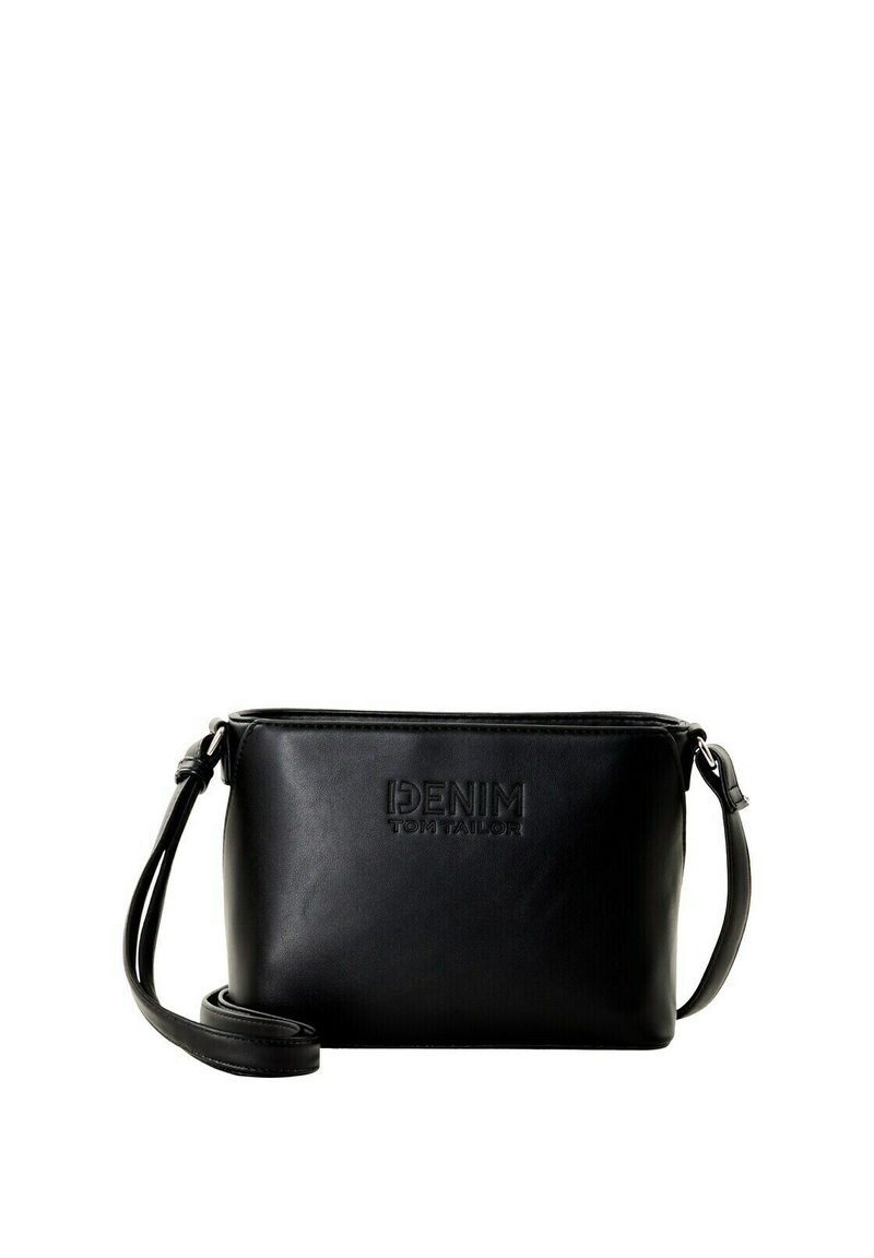 Borsa a spalla sintetica nera con chiusura a zip, logo in rilievo "DENIM TOM TAILOR", cinturino regolabile e forma rettangolare.