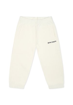 Joggingi w kolorze kremowym, wykonane z miękkiej bawełny, z elastycznym paskiem w talii, bocznymi kieszeniami oraz czarnym logo "Palm Angels" na lewym udzie.