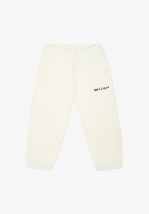 Pantalons de survêtement couleur crème en coton doux, dotés d'une taille élastique, de poches latérales et d'un logo noir "Palm Angels" sur la cuisse gauche.