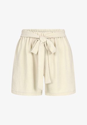 Kreminės spalvos aukštos juosmens šortai su elastinga juosmens juosta ir atitinkančia medžiagos dirželiu, surištu mazgu priekyje.