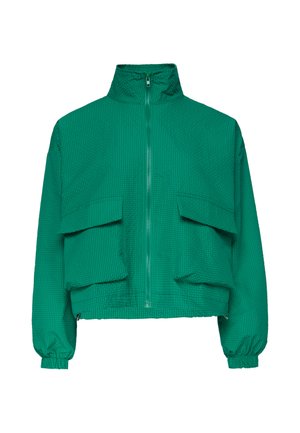 Grüne strukturierte Jacke mit hohem Kragen, Frontreißverschluss, zwei großen Klapptaschen und elastischen Bündchen an den langen Ärmeln.