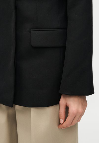 Pravá ruka osoby oblečenej v čiernom saku a béžových nohaviciach, ktorá ukazuje klopový uzáver vrecka saka a časť rukáva.