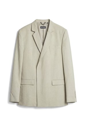 Beige getailleerde blazer met inkeping revers, voorzakken met kleppen, borstzak met bies en knoopmanchetten, gelabeld Antony Morato.