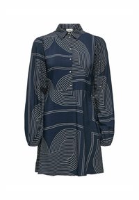 Navyblauwe jurk met lange mouwen en een kraagnek. Bevat witte geometrische patronen, een knoopsluiting en heeft een ontspannen pasvorm.