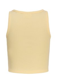 Débardeur côtelé jaune avec un col arrondi et une coupe sans manches. Texture douce, design ajusté, et bords nets sans ornements.