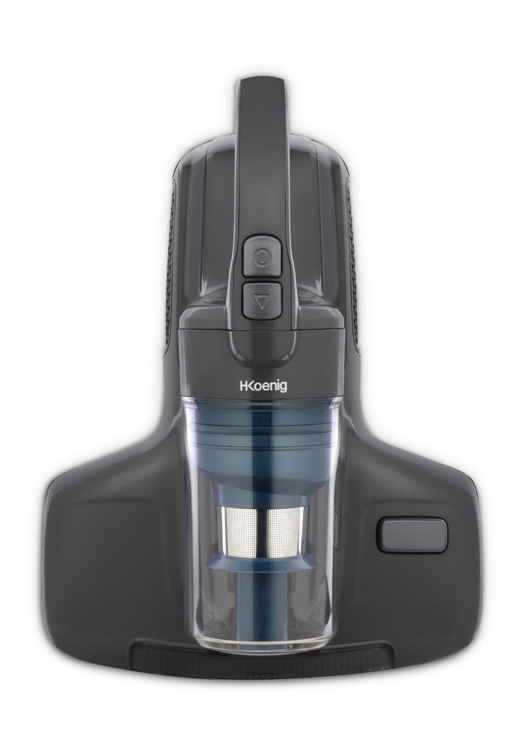 Aspiradora de mano con un cuerpo de plástico negro elegante, contenedor de polvo transparente, filtro azul y dos botones de control en la parte superior.