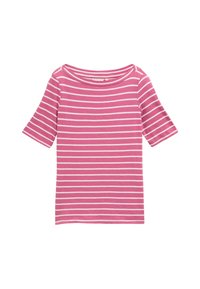 Pink and white striped short-sleeve t-shirt, made of lightweight fabric, features a wide neck and a relaxed fit.