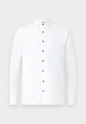 Witte lange mouwen shirt van katoen, met een klassieke kraag, zwarte knoopsluiting en knoopmanchetten. Gladde textuur met een minimaal ontwerp.