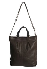 Bruine leren tote bag met dubbele handvatten, een verstelbare schouderband en een soepele textuur met gestikte accenten.