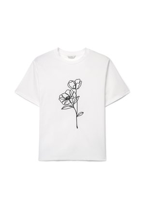 T-shirt bianca a maniche corte con semplice disegno a linee nere di due fiori e foglie centrato sulla parte anteriore.