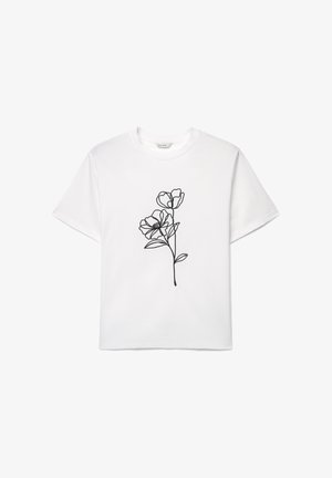 T-shirt bianca a maniche corte con semplice disegno a linee nere di due fiori e foglie centrato sulla parte anteriore.