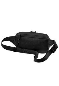Black sling bag with a textured, mesh panel, featuring a zippered compartment and adjustable strap. Material appears durable and lightweight.