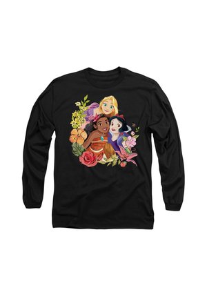 Black long-sleeve shirt featuring a colorful graphic of three animated female characters surrounded by flowers. Soft cotton fabric.