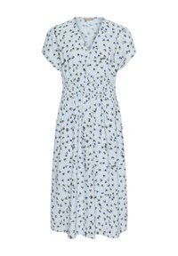 Blå blommig klänning med V-ringning, korta ärmar och elastisk midja. Den har ett lätt tyg med spridda gröna och blå mönster.