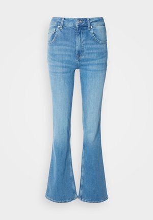 Light blue denim flared jeans with a high waist, featuring five pockets, subtle fading, and a smooth texture.