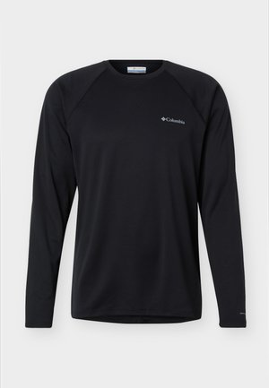 Črna majica z dolgimi rokavi in okroglim izrezom, na levi strani prsnega koša z logotipom Columbia, izdelana iz gladkega, lahkega blaga.