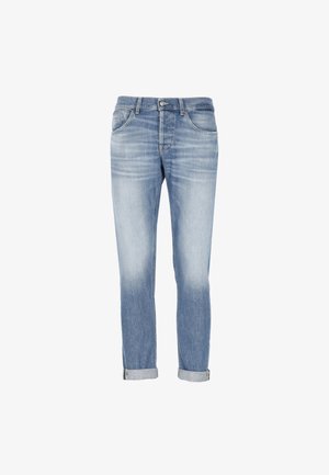 Jeans in denim blu chiaro con un design sbiadito, stile a cinque tasche, chiusura con zip e orli arrotolati alle caviglie. Presentano leggere variazioni di texture.