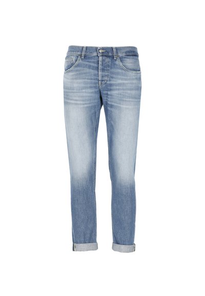 Jeans in denim blu chiaro con un design sbiadito, stile a cinque tasche, chiusura con zip e orli arrotolati alle caviglie. Presentano leggere variazioni di texture.