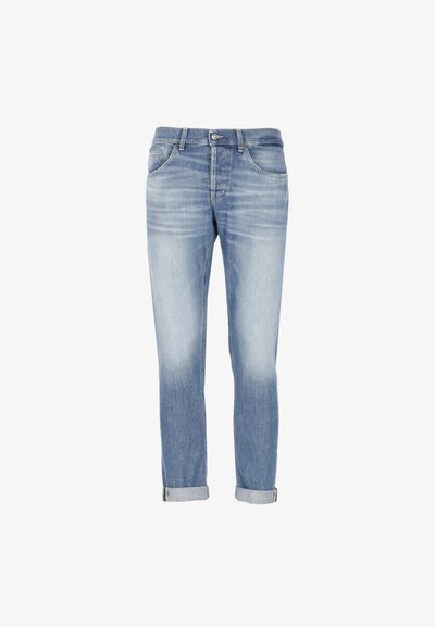 Jeans in denim blu chiaro con un design sbiadito, stile a cinque tasche, chiusura con zip e orli arrotolati alle caviglie. Presentano leggere variazioni di texture.