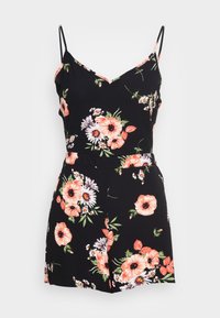 Czarny rompers w kwiaty z cienkimi ramiączkami, zdobiony różowymi i białymi kwiatami, z dopasowanym wcięciem w talii i luznym krojem krótkich spodni. Miękki, lekki materiał.