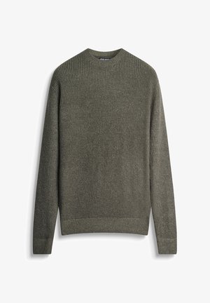 Maglione a coste verde con scollatura a girocollo e maniche lunghe. Presenta un tessuto testurizzato con polsini e orlo aderenti.