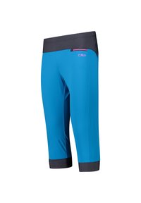 Blaue, dreiviertellange Sporthosen mit einem schwarzen Bund und Bündchen. Verfügt über eine kleine Reißverschlusstasche und ein pinkes Logodetail. Glatte Textur.