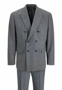 Szara wełniana marynarka na dwóch rzędach guzików z klapą typu peak, czarne guziki, dwie przednie kieszenie i dopasowany krój. Teksturowana tkanina i czyste linie.