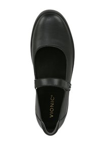 Zwarte leren Mary Jane-schoen met een ronde neus, verstelbare band en gevoerde binnenzool. Heeft een gladde textuur en een stevige zool.